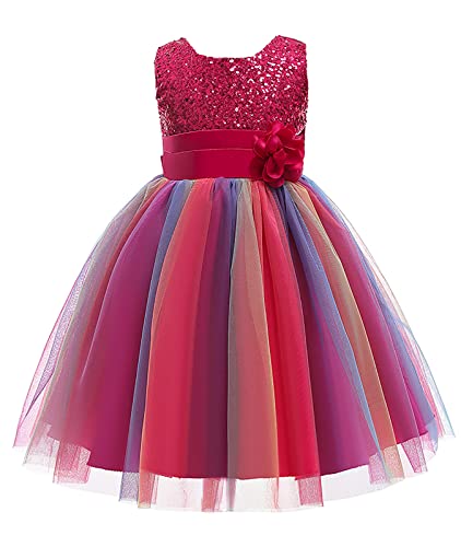 Sleeveless Mesh Sequin Rainbow Wedding Party Flower Girl Dress Rose 120#4-5 Years