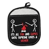 BDPWSS Camping Pot Holders Happy Camper Oven Mitts Camping Lover Gift RV Owner Adventure Gift for Hiker Traveler Adventurist (Fun Game Weiner PH)