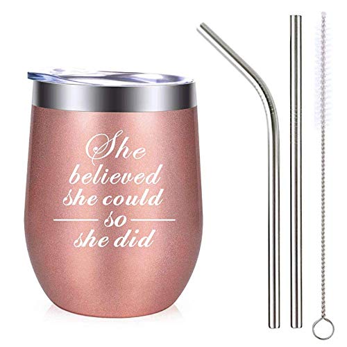 Mjartoria 12 Oz She Believed She Could So She Did Wine Glass Mug Tumbler With Lid Stainless Steel Straw Brusher Funny Congratulations Birthday Bff Gifts For Women Friends #TOP19