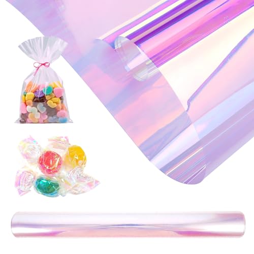 Gykutix 80 cm x 15 m Arcoíris Papel Celofán Transparente, Papel Celofán Iridiscente, Envoltura Transparente Impermeable para Boda, Ramo de Flores, Regalo, Paquete de Dulces