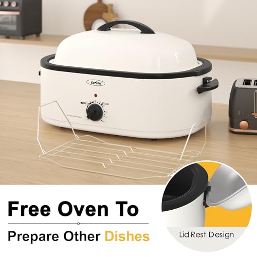 Sunvivi Roaster Oven with Self-Basting Lid,18 Quart Electric Roaster with Removable Pan & Rack,150-450°F Full-Range Temperature Control with Defrost/Warm Function,Stainless Steel,White
