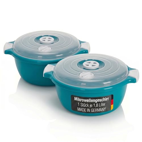Lantelme Lot de 2 bols micro-ondes 1,8 l avec valve vapeur fabriqué en Allemagne - Empilable - Passe au lave-vaisselle - Bol plastique pour micro-ondes (Vert)