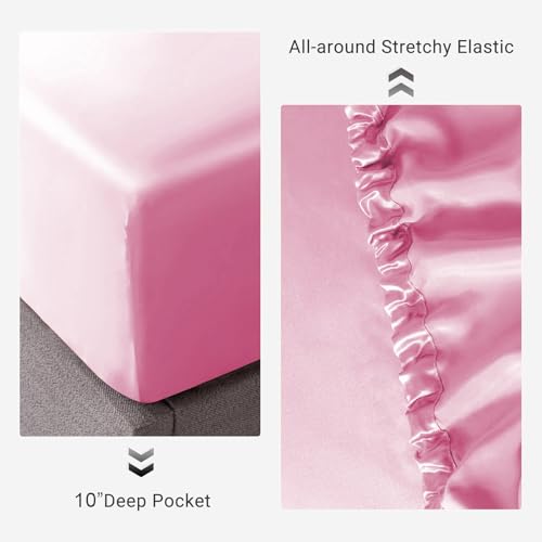 Image of Soft and Silk Satin Fitted Bedsheet for Single Size 36X75 +12 in - Elastic Fitted Sheet 400 TC Hotel Collection for Bedroom | Fitted Sheet with Pillow Cover - Baby Pink, Single Bed