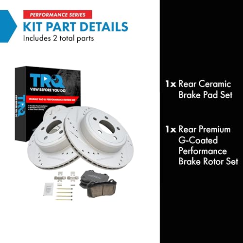 Image of TRQ Performance Rear Brake Pad and Rotor Set Ceramic Coated Drilled Slotted Vented Rotors Compatible with 2011-2018 Dodge Challenger 2014-2018 Charger