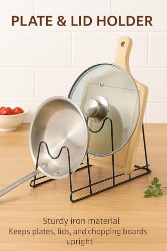Image of Pan & Pot Lid Organizer Rack - Multifunctional Cookware for Cabinet, Pantry Chopping Board Holder, Space-Saving Kitchen Organizer, Black (6.5 x 7.5 x 7.75 Inches) (H-RACK)