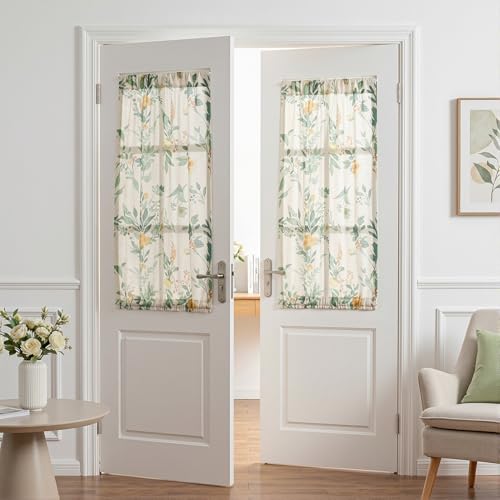 Image of MYSKY HOME Floral Linen Door Curtains Green Farmhouse 2 Panels Semi Sheer