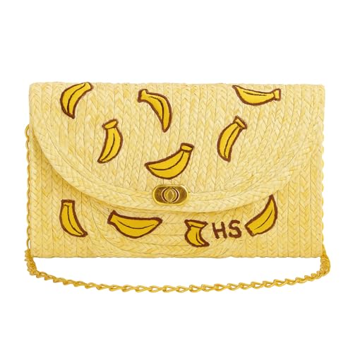 Banana Purse Straw Woven Banana Embroidered Crossbody Shoulder Bag with Chain Mini Trendy Fruit Purse for Women