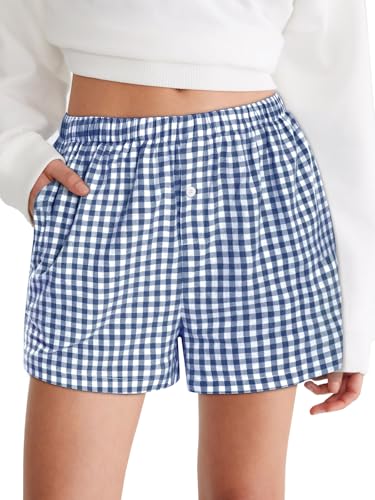 Image of Women Boxer Shorts Summer Gingham Pj Casual Plaid Bottoms with Pocket