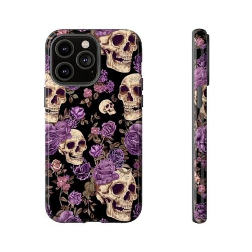 Coque rigide brillante motif roses violettes et crânes pour iPhone 14 Pro Max