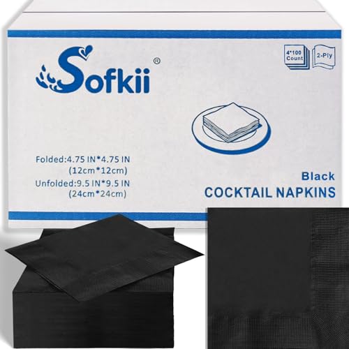 Sofkii 400 Count Black Cocktail Napkins 4.75x4.75 Inch 2-Ply FSC-Certified Napkins Bulk Beverage Napkins for Dinner Wedding Bar Party and Daily Use