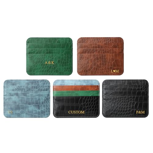 Customized Gold Initials Name Credit Card Holder, Crocodile Pattern PU Leather Credit Card Holder,Add Your Own Personalized Monogram Letters, Slim Thin Minimalist Card Cases, Gift for Women Men
