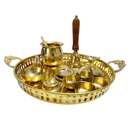 Image of RM Metals Brass Pooja Thali Set | Traditional Bartan Thambulam Puja Plate Set for Temple| Size: 10 Inch | Set of 10 Pcs| Office, Home Decor, Weddings & Return Gifts