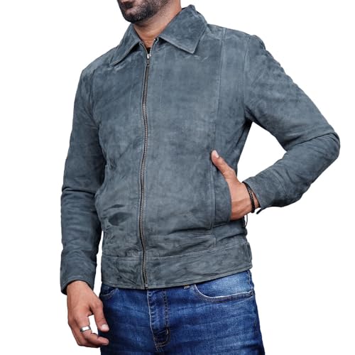 Image of Mens Polo Collar Zipper Suede Shirts Long Sleeve Shacket Suede Trucker Jacket Real Suede Leather Shirt