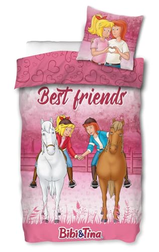 SkyBrands Bibi & Tina Wende-Bettwäsche-Set Best Friends Bettbezug 135x200 Kissenbezug 80x80 Baumwolle Mädchen Pferde Bettzeug