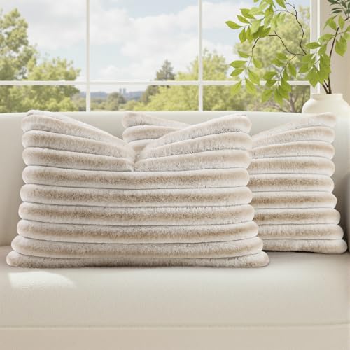 Image of decorUhome Fall Cozy Faux Fur Throw Pillow Covers 12x20 Set of 2 Decorative Soft Plush Striped Lumbar Modern Farmhouse Boho Couch Pillow Cases with Velvet Back for Sofa Bed Living Room, Beige White