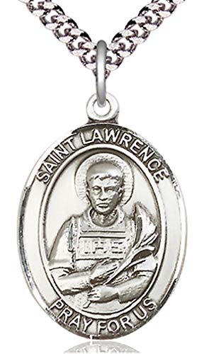 Heartland Store Men's Pewter Oval Saint Lawrence Medal + 24 inch Rhodium Plate Chain & Clasp| USA Made