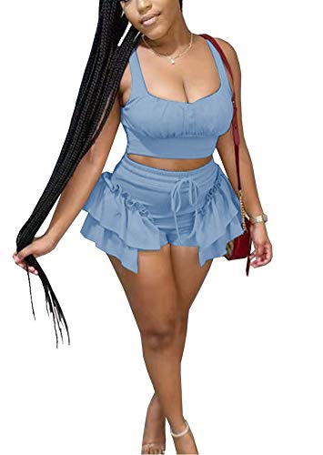 Shorts Sets Women 2 Piece Outfits Sleeveless Cami Crop Top High Waist Shorts Sexy Rompers Club Outfit Light Blue M