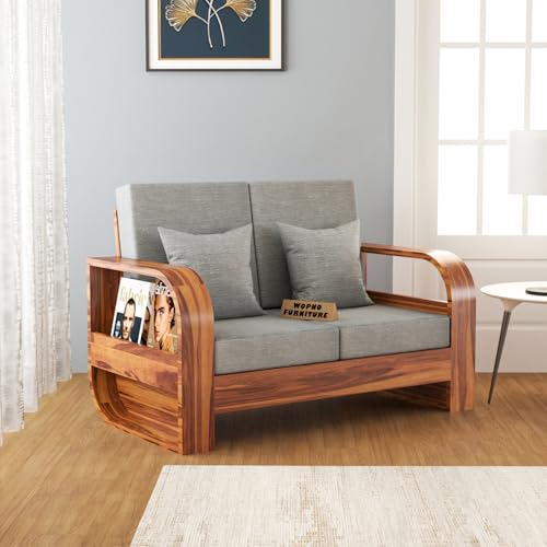 Image of Sheesham Wooden 2 Seater Sofa for Living Room | Solid Wood Sofa | Rosewood Sofa Set for Home & Office | Lounge (Honey,Grey, 2 Seater)