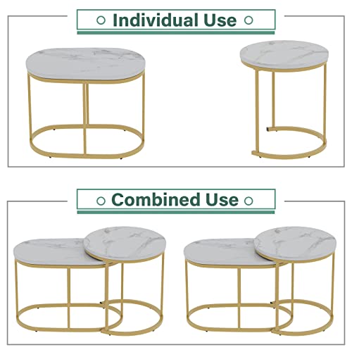 Vilawlence Nesting Coffee Table Set Of 2 Modern Round White Marble Wood Table,Side Table Gold Metal Frame Oval End Table Small Space For Living Room,Bedroom,Studio Apartment Essential #TOP7