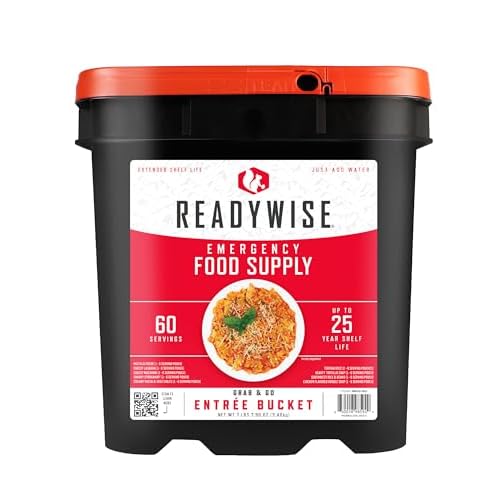 ReadyWise Entrée Bucket – 60 Servings, Emergency Food Supply for Survival Kit, Protein Meals, Freeze Dried Food, Ready to Eat Camping & Road Trip Essentials, up to 25 Year Shelf Stable Life