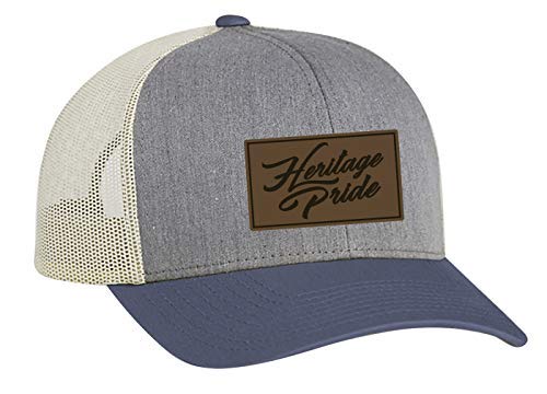 Heritage Pride Script Leather Patch Trucker Snapback Hat-Heather Gray Ocean Blue-Beige Mesh
