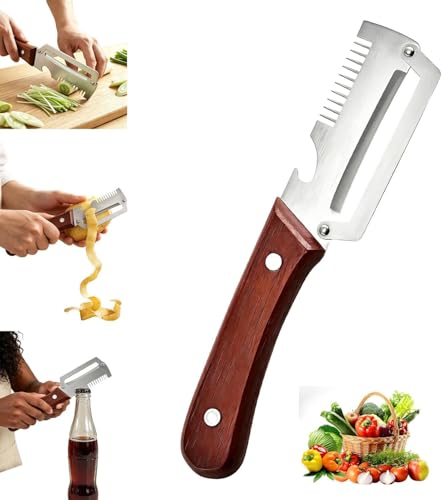 Pelador de Patatas   Pelador de Verduras,Pelador de verduras multifunción 3 en 1 para cocina con hoja de acero inoxidable ultraafilada y mango de madera ergonómico, Abridor de Botella