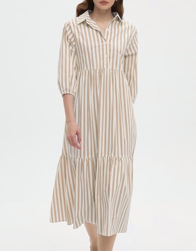Image of EZAPINE Womens Babydoll Striped Shirt Midi Dress Puff Long Sleeve Collared Button Tunic Flowy Swing Dresses