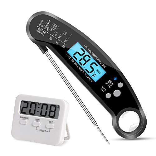 Digital Cooking Thermometer with Kitchen Timer, QUTTUP Candy Thermometer Folding Probe Backlight & Calibration Function Cooking Thermometer Meat Thermometer for Kitchen Outdoor Grilling and BBQ