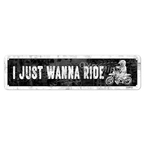 Image of Metal Signs Room Decor Vintage Dirt Bike I Just Wanna Ride Motocross Motorcycle Racing Racer Rider Trials Off Road Enduro Rally Mechanic Man Cave Garage Bar Wall Art, 16 X 4 Inches, Black