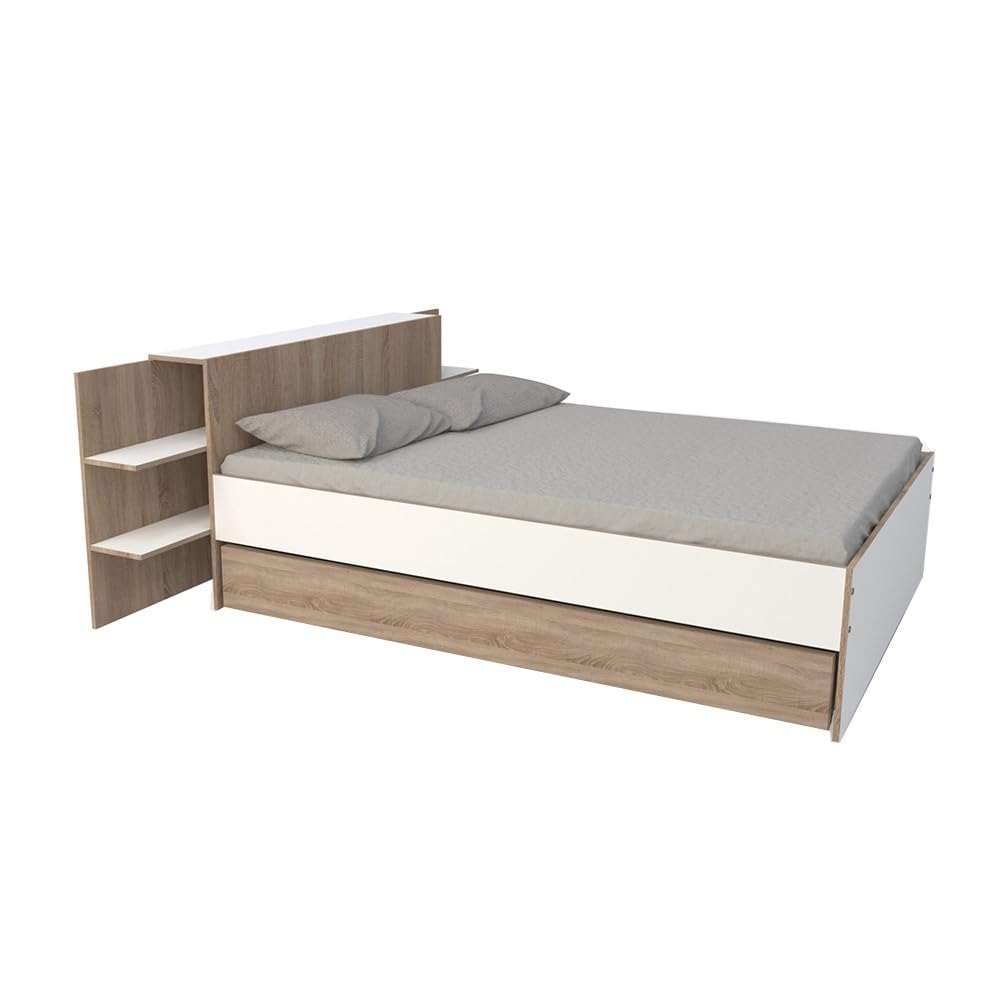 WEBER INDUSTRIES Lit City 140x190 + tête de lit Chevet + 1 tiroir/Décor Blanc & chêne Blanchi