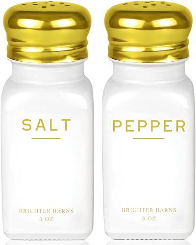 Gold Salt and Pepper Shakers Set by Brighter Barns - Modern Kitchen Decor, White and Gold Kitchen Decor & Accessories - Vintage Glass Shakers with Stainless Steel Lids for Home, Restaurant