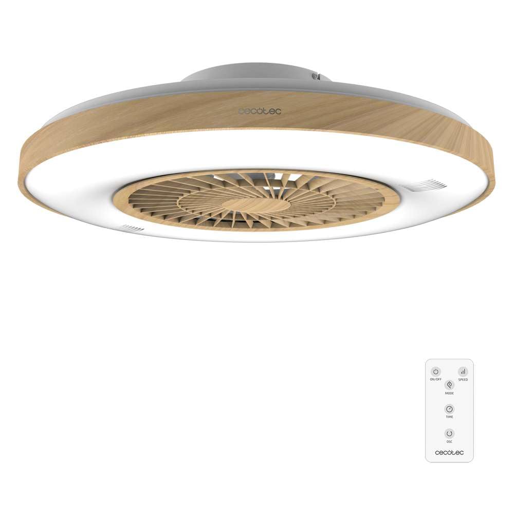 Cecotec Ventilador de Techo con Luz EnergySilence LampAero 600 InsideWood. Motor DC, 20W, LED de 45W, 5 Aspas de 24", Control Remoto, 3 Velocidades, 3 Tonos de luz, Temporizador, Modo Winter/summer