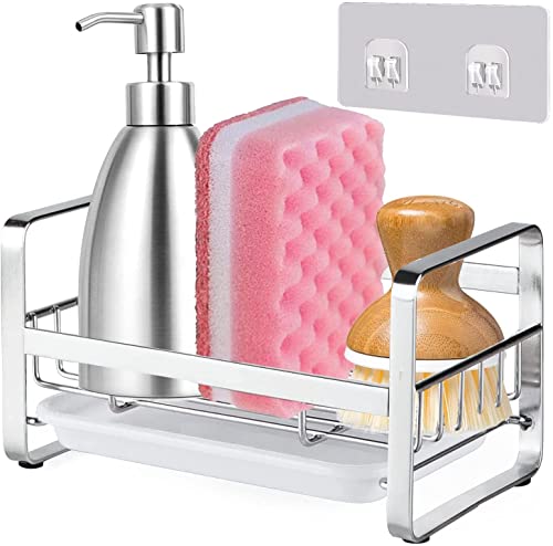 Image of Xacton Sink Caddy Organizer Kitchen Sponge Holder I 304 Stainless Steel Soap Dispenser Brush Drainer Rack I Countertop or Adhesive Organiser for Dishes Knives Spoons Forks ((Silver)