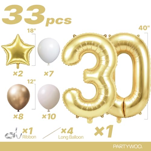Image of PartyWoo Gold Number 30 Balloon 40 Inch 33pcs Metallic Gold Foil Star White
