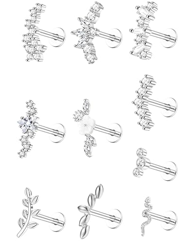 16G Flat Back Earrings for Women Stainless Steel Internally Threaded Cartilage Stud Earrings Butterfly CZ Flatback Stud Earring Tragus Helix Body Piercing Jewelry