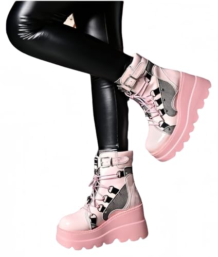 Image of Womens Goth Platform Boots Chunky High Heel Booties Round Toe Combat Ankle Boots Womens Lace Up Motorcycle Wedges Shoes