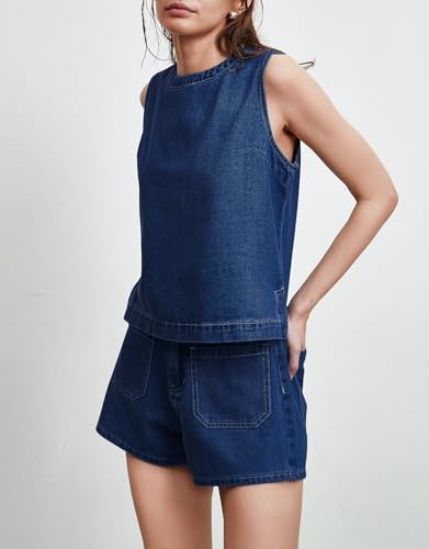 Image of Kedera Summer Denim Set for Women 2 piece Casual Sleeveless Boxy Shirt Tops and Shorts Pants Lounge Sets Outfits