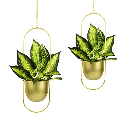 Hemepaha Metal Hanging Planters, Set Of 2 Gold Oval Geometric Plant Hanger With Pot, Modern Wall And Ceiling Planter For Indoor Outdoor Plants Home Décor(Gold, 6Inch Pot, 2Pack) #TOP1