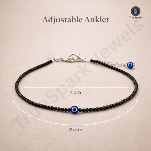 Image of Women's Black Obsidian Anklet with Evil Eye - Adjustable Silver Brass Chain, Fit, Spiritual Protection