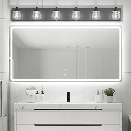 Image of Ralbay 6 Lights Black Bathroom Vanity Lights Crystal Modern LED Black Bathroom Vanity Lights Modern Crystal Vanity Light for Bathroom Lighting Over Mirror Matte Black