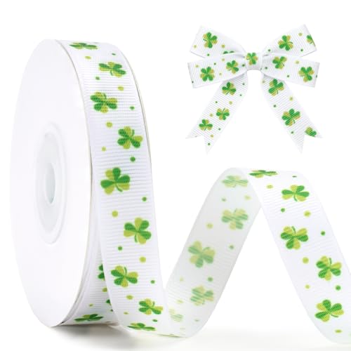 KINGLAKE St Patricks Day Ribbon - 5/8 x 20 Yds Shamrocks Clover Grosgrain Ribbon with Polka Dot for Gift Wrapping Wreath White Green Ribbons for DIY Crafts Sewing St. Patricks Day Party Decorations