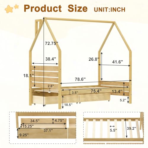Image of Twin Size House-Shape Platform Bed with Headboard and 2 Storage Drawers, Montessori Wood Bed Frame with Roof and Chimney Design, No Box Spring Needed, Easy Assembly (Natural-06, Twin)