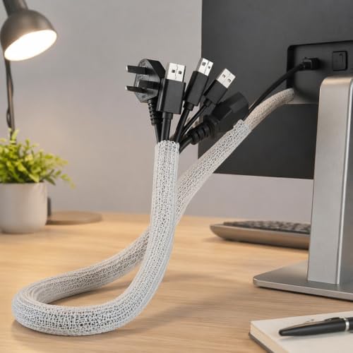 Manga de cable de nailon de 39 pulgadas para gestión de cables bajo el escritorio, organizador y protector de cables para oficina en casa, protector contra mordeduras de mascotas, negro/blanco, cubierta y ocultador de cables de computadora
