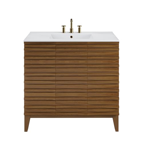 Image of Swiss Madison Cascade 36 in. Brown Oak Bathroom Vanity with White, 3-Hole Ceramic Sink Top
