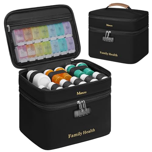 Mancro Lockable Medicine Bag 2-Layer Pill Bottle Organizer Storage with Adjustable Dividers Medication Travel Case for Pills Vitamins & Supplements Medicine Organizer for Dorm Home Use and Trips