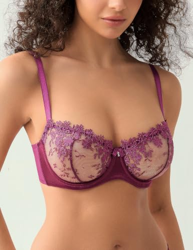 Image of Wingslove Women's Sexy Lace Bra Demi Sheer Mesh Balconette See Through Bralette Unlined Underwire Embroidered