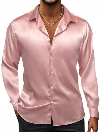 Image of Hi-Tie Men's Silk Satin Dress Shirts Long Sleeve Shiny Casual Button Up Shirts Luxury Party Disco Prom Wedding Shirt
