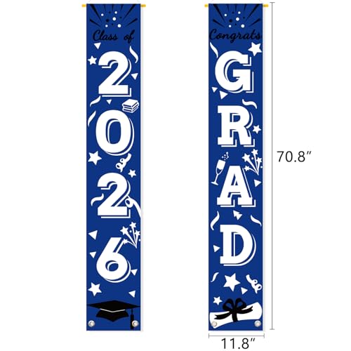 Image of Graduation Porch Banner Class Sign Congrats Grad Hanging Flags High School College University Party Decoration For Front Door Outdoor Blue White