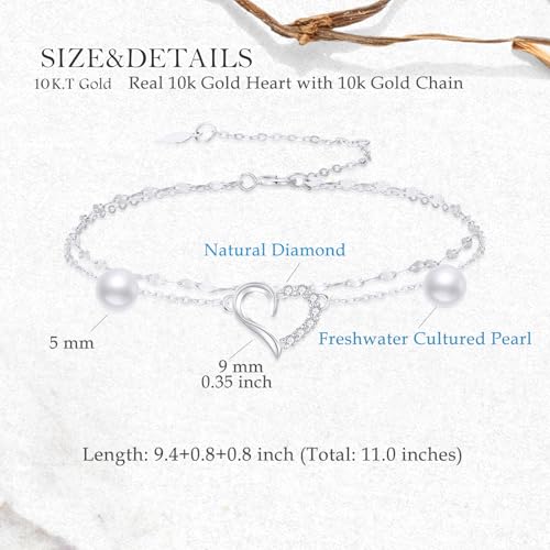 Image of SISGEM Real 14k Gold Natural Diamond Heart Layered Anklet for Women, Love Ankle Bracelets Gifts for Her, 9+1+1 Inches