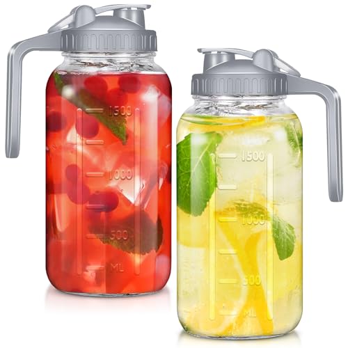 Image of irjeen Glass Mason Jar Pitcher with Lid, 2 Quart/64oz - Breast Milk Pitcher Leak Proof, Heavy Duty Wide Mouth Jar with Pour Spout for Water, Juice, Milk, Tea, Iced Coffee, and Drinks, 2 Pack